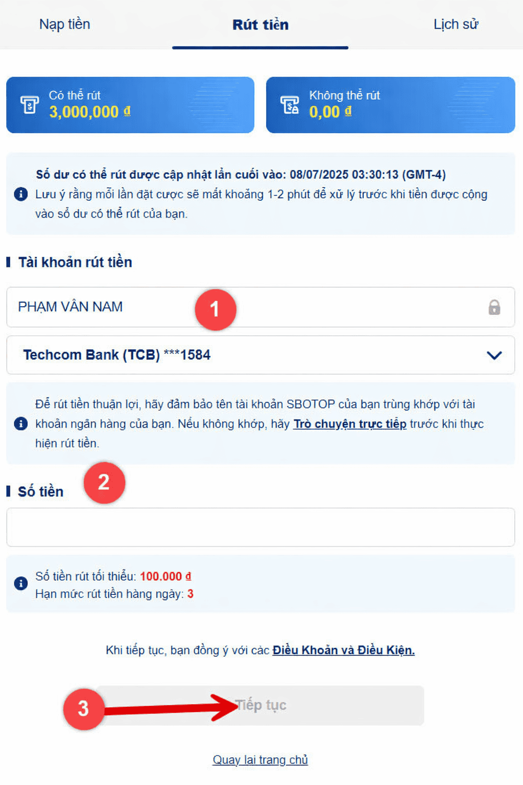 Bước 3: Nhập thông tin rút tiền buoc 3: nhap thong tin rut tien