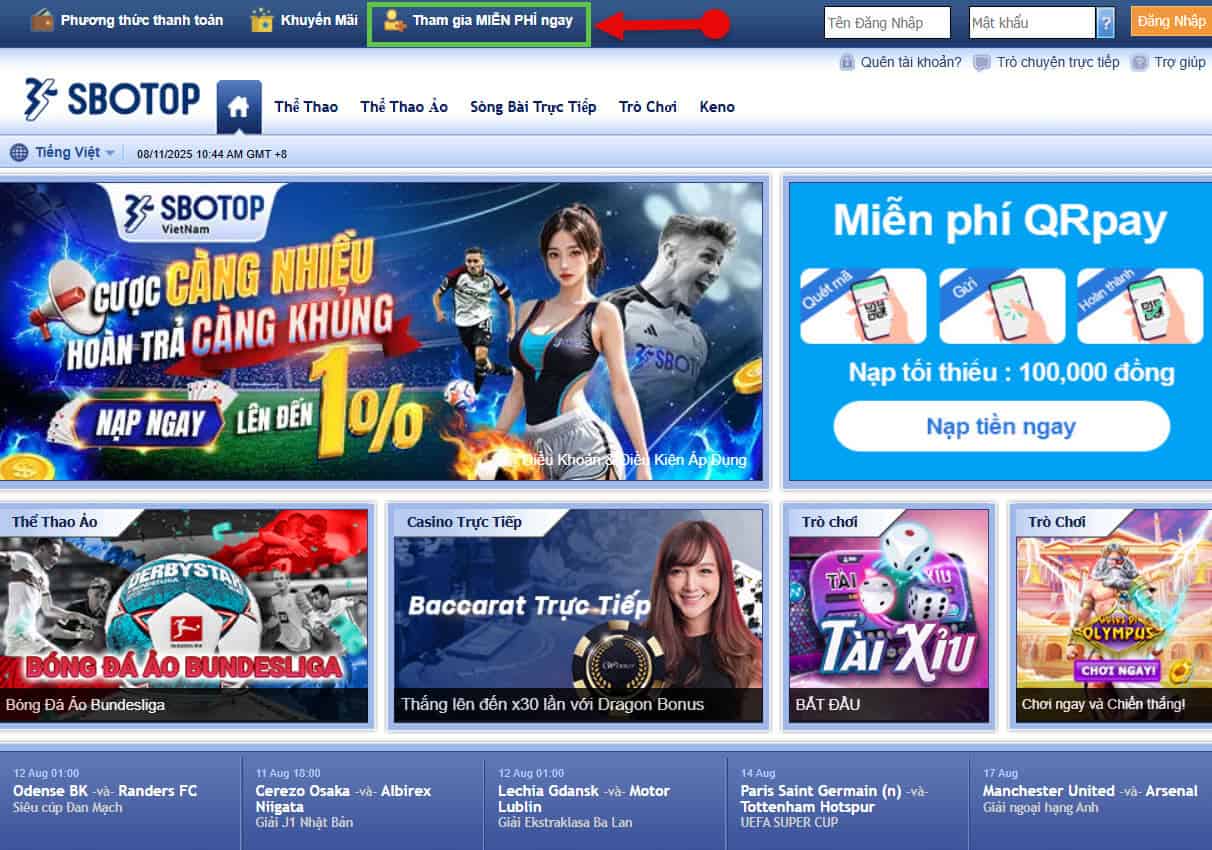 Bước 1: Truy cập vào trang chủ Sbotop buoc 1: truy cap vao trang chu sbotop